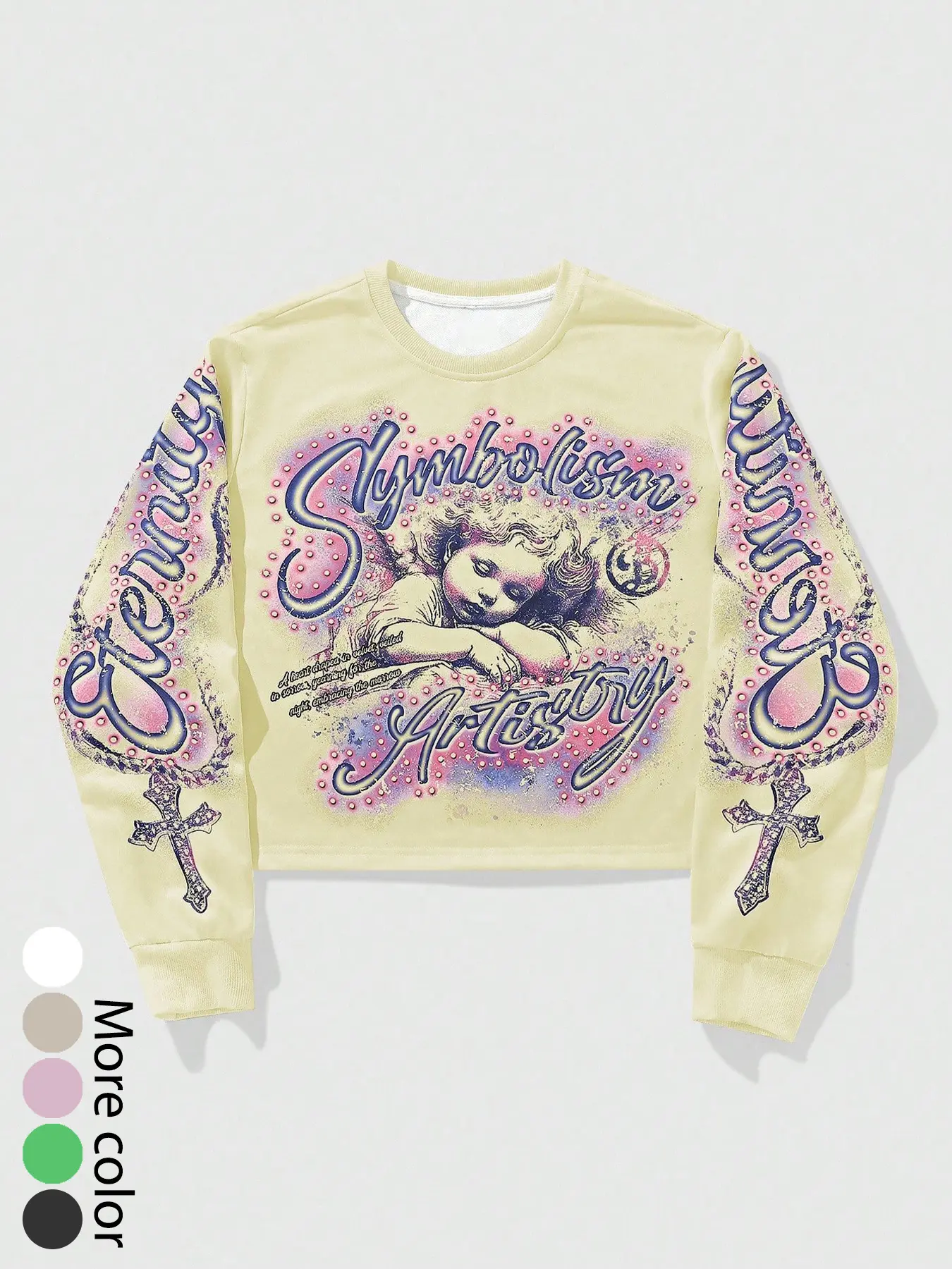 Vintage Angel Rhinestone Long Sleeve Fitted Sweatshirt, Street Style Letter Cross Graphic Print Cropped Short Top, Fashion Comfortable, Back-To-School Casual Wear, Streetwear, Everyday, Piece