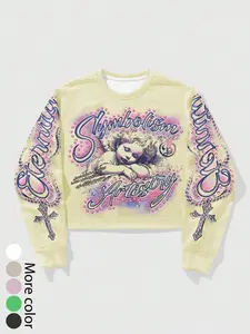 Vintage Angel Rhinestone Long Sleeve Fitted Sweatshirt, Street Style Letter Cross Graphic Print Cropped Short Top, Fashion Comfortable, Back-To-School Casual Wear