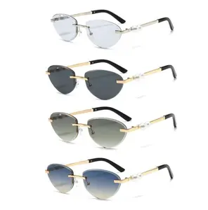 4 Pairs/set Rimless Cut Edge Cat Eye Sunglasses Women Pearl Metal UV400 Fashion Shades