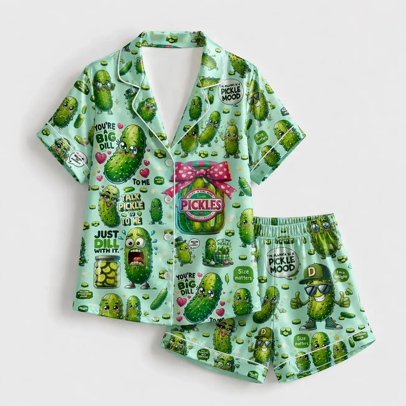 Funny Pickle Satin Pajama Set With Button Up Shirt And Elastic Waist Matching Bottoms