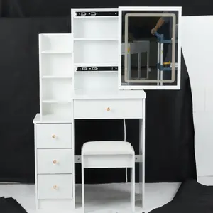 29.2" Small Size Left Bedside Cabinet Vanity Table + Cushioned Stool, Large Sliding, Touch Control, Tri-color Switching, Brightness Adjust LED Mirror, High Capacity Storage, Suitable for Small Space vanity  without  let vanity  with  chair