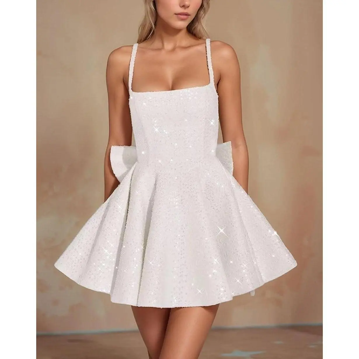Women Elegant Spaghetti Straps Sequins Homecoming Dresses with Bow Saqure Neck Corset A-Line Cocktail Party Gowns for Teens