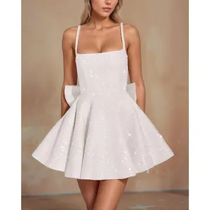 Women Elegant Spaghetti Straps Sequins Homecoming Dresses with Bow Saqure Neck Corset A-Line Cocktail Party Gowns for Teens