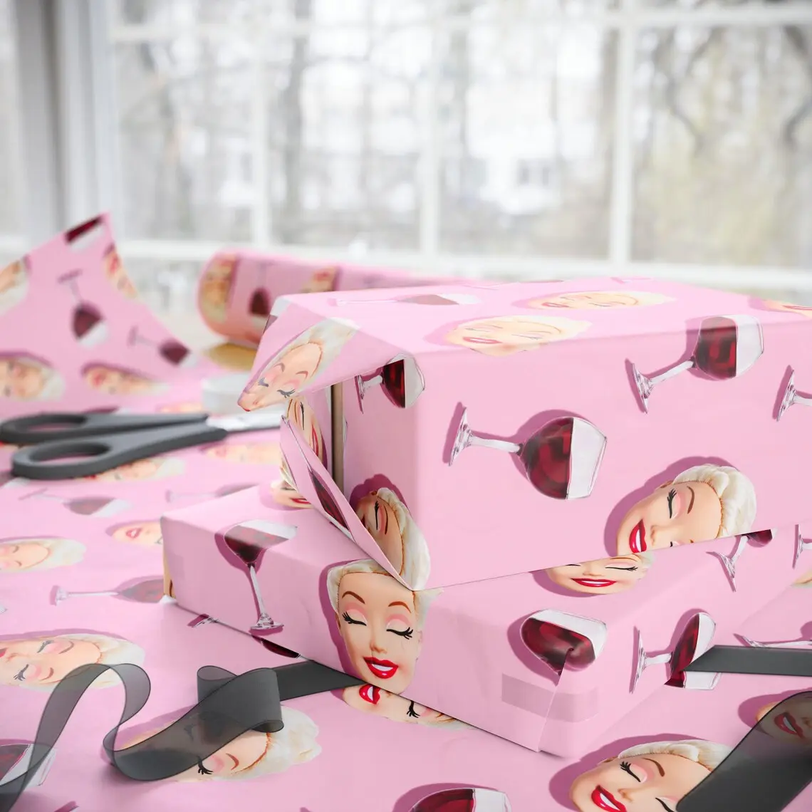 Vintage Doll Face Meme And Red Wine Wrapping Papers, Funny Pink Birthday Gift Wrap For Her, Wine Party Gift Wrapping Paper, Gag Gifts