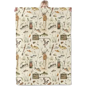 Outdoor Adventure Art Blanket,Fishing, Hunting Nature Lightweight Flannel Throw with Rustic Deer, Fish and Gear,Sportsmen Home Living Room Decor,Gifts for Adults,Nature Fans