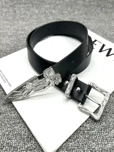 Vintage Western Mermaid Silver Color Floral Short Sword Design Belt, Unisex Fashion Versatile Jeans Waistband, Unique Style Accessory, Stylish Belts