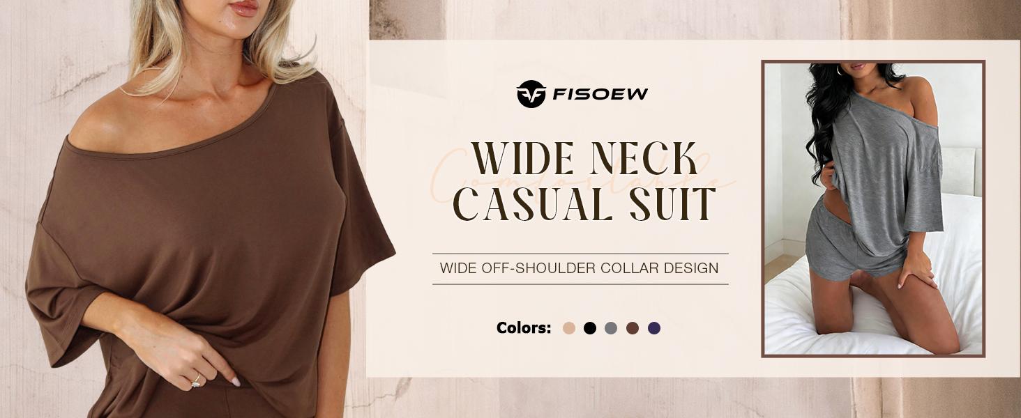 Fisoew Women’s Casual Two Piece Lounge Set Off Shoulder Top & Fitted Shorts Springtok
