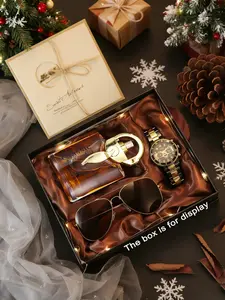 Men's Classic Faux Three-Eye Steel Band Watch Set Gift Box, Man Gift Set, Vintage Luxury Style, Fashion Sunglasses & Perfume Included, Perfect for Christmas