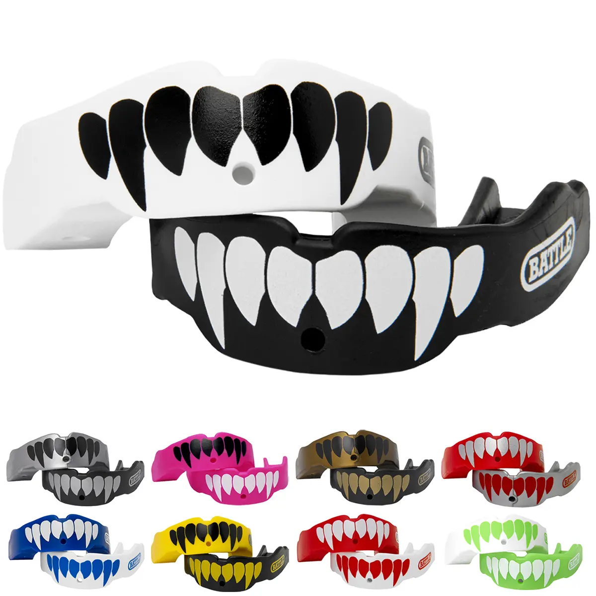 Adult Football Fang Mouthguard 2-Pack with Straps, Barricade Design, Convertible Fit, Reboil Fit Technology, Ever-Mold Composite Material