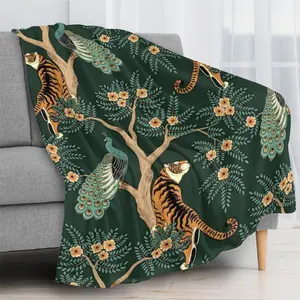 Cozy Tiger Blanket Vintage Peacock Forest Throw, Whimsigoth Emerald Green Bedding, Aesthetic Apartment Room Decor Ideas, Unique Gift, Animal Artwork Blankets, Colorful Animal Blankets