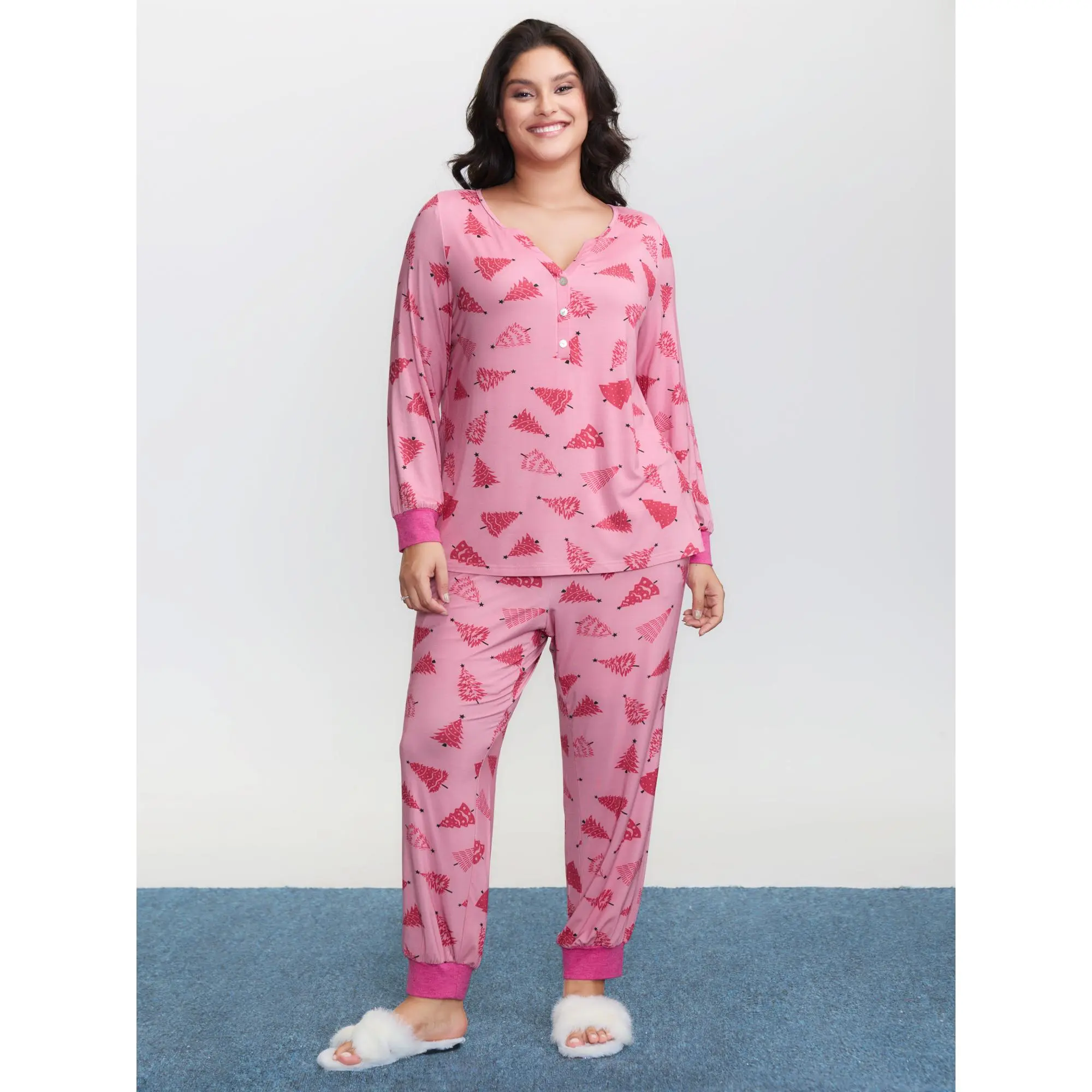 Women's Christmas Pajamas, 2-Piece Comfy Stretch Polyester Loungewear Set, Long Sleeve V-Notch Top with Pockets, Fabric, Garment, Low Iron, Comfy Sets, Long Sleeves, Spandex, Bottoms, Nightwear, Cute Pajamas, Cute Loungewear Sets