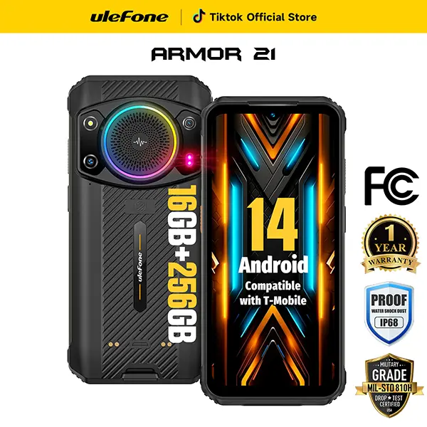 Ulefone Armor 21 Rugged Phone, Infinite Halo 122dB Speaker, MTk Helio G99 16GB+256GB, 64MP+24MP Night Vision Camera, 6.58" FHD+ 120Hz Screen, 9600mAh, Android 15, IR Blaster/NFC/Dock Charging