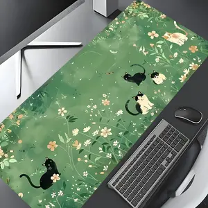 Cute Cats Floral Garden Large Gaming Mouse Pad, Gaming Desk Accessory, Aesthetic Desktop Drotection Pad,Washable Rubber Pad Non-Slip Lock Edge Multi-Size Mouse Pad Suitable For Home Office,Good Gift for Family and friends