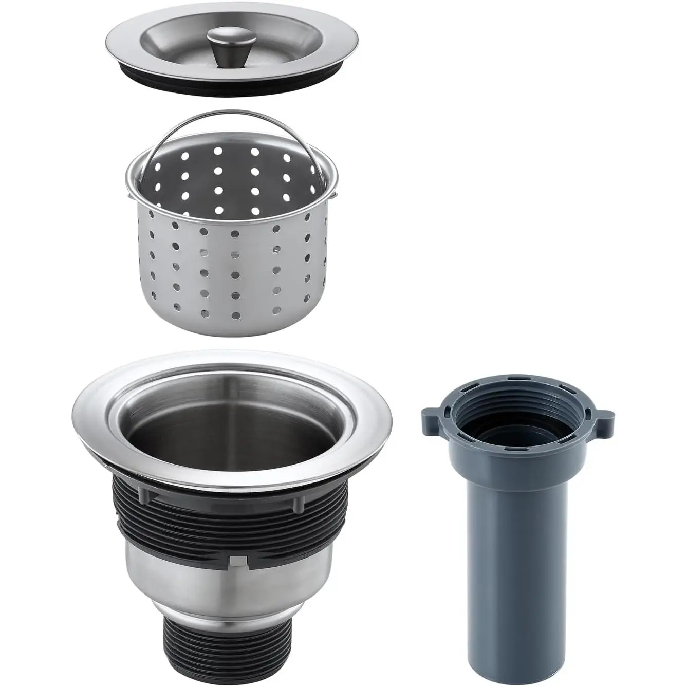 3.5 in CUPC Certified 304 Stainless Steel Kitchen Sink Drain Assembly, Brushed Finish, Removable Deep Strainer Basket, Sealing Stopper Plug, Plastic Tailpiece (for Home & Bathroom Supplies), Durable