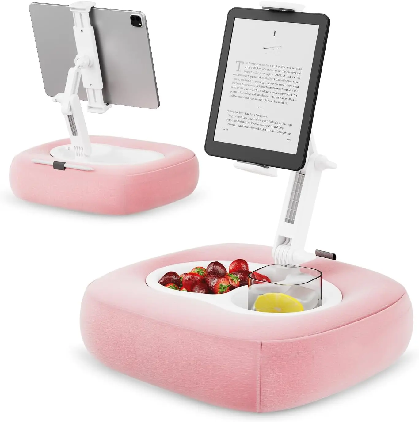 Tablet Pillow Stand, Adjustable Kindle Holder with 2 Snack Bowls, 360 Adjustable iPad Stand for Bed with 4.7''-13'' iPad, Kindle, Phone,  for Reading Accessories on Bed, Sofa,