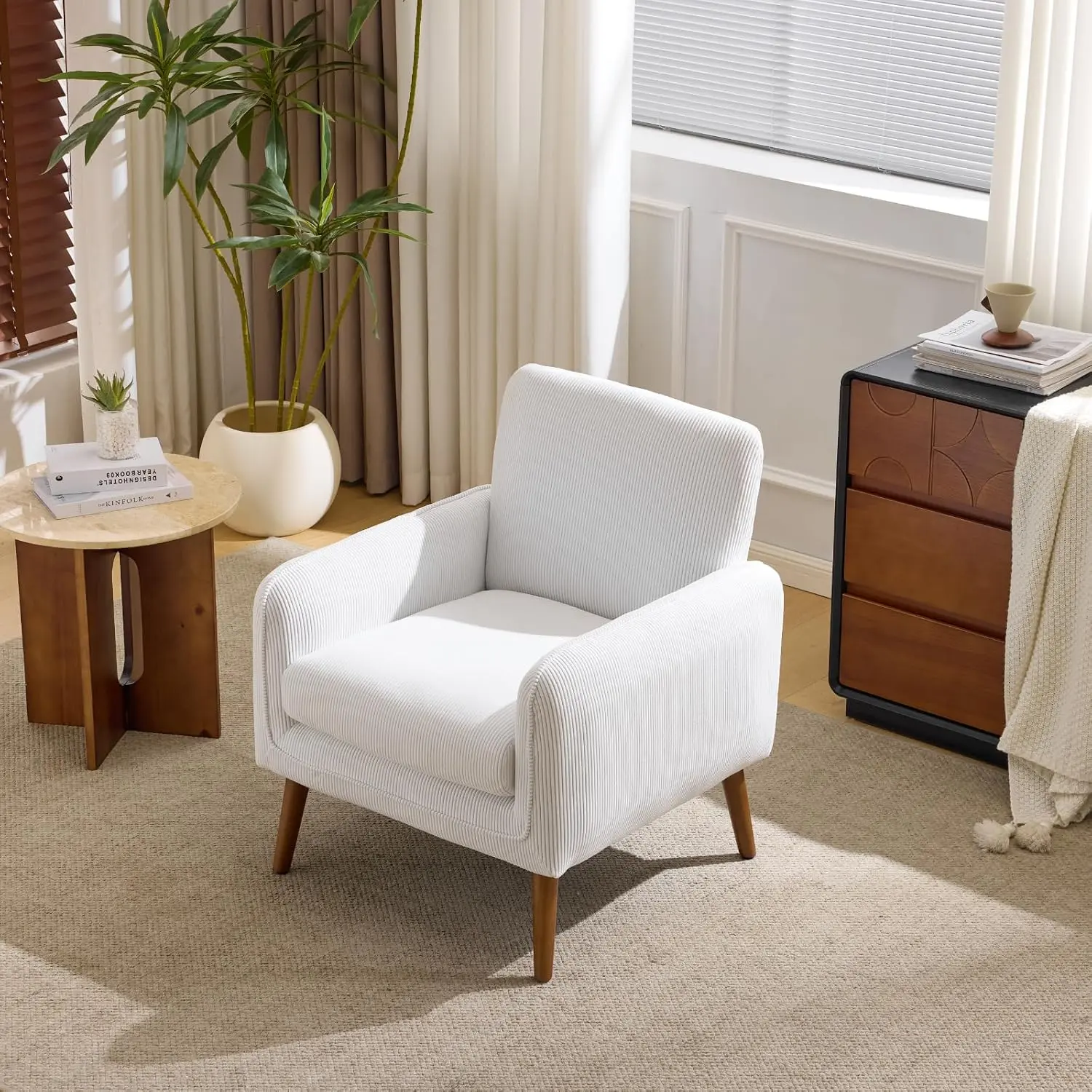 Karlhome Mid-Century Modern Low-Back Corduroy Accent Chair - Single-Seater with Armrests, 6.1" Cushion, Solid Wood Legs, Assembly Required for Living Room, Bedroom