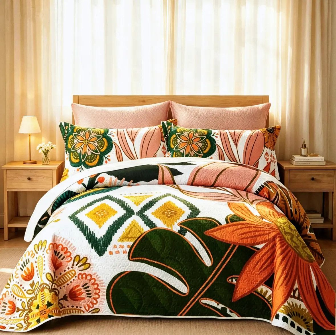 Boho-Floral Quilted Thin Quilt Set with 2 Pillow Shams, Farmhouse Mid-Century Leaf-Print Reversible Lightweight Coverlet, Upgraded Soft Skin-Friendly Fade-Resistant All-Season Bedding Home Decor,back to school,back to school shopping