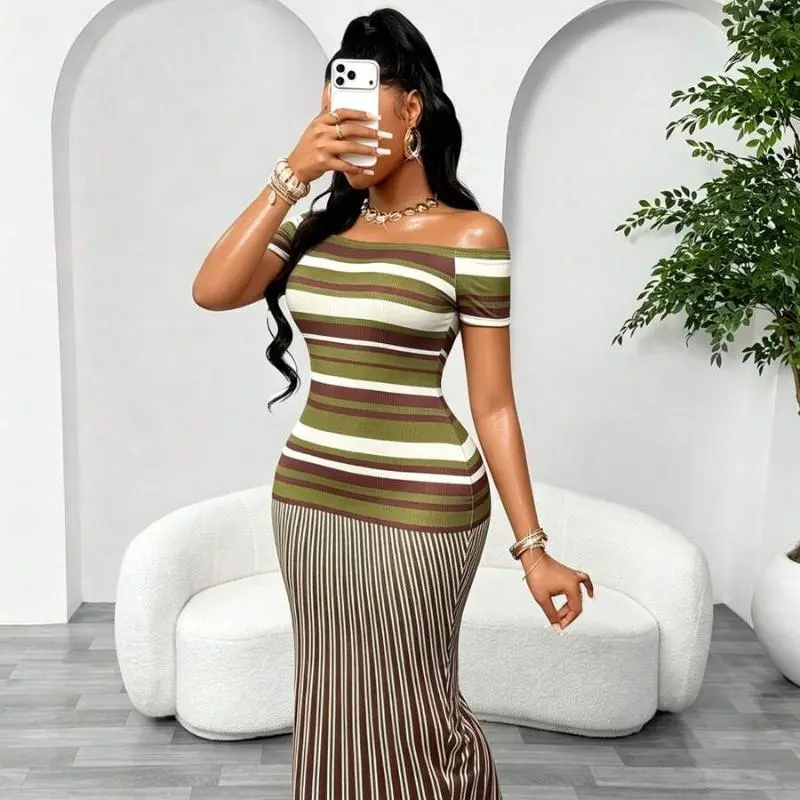 Striped Maxi Dress - Flattering Stretch Fit for Summer, Olive Green Off-Shoulder Slit Bodycon Dress Bag Beach Casual Fabric