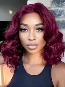 200% Density 99J Burgundy Bob Wig Human Hair with 5x5 Sheer Lace Closure, Pre-Pulled Brazilian Pixie Cut, Shoulder Length Bob Hairstyle, Loose Wavy Texture, Wavy Lace Front Wig