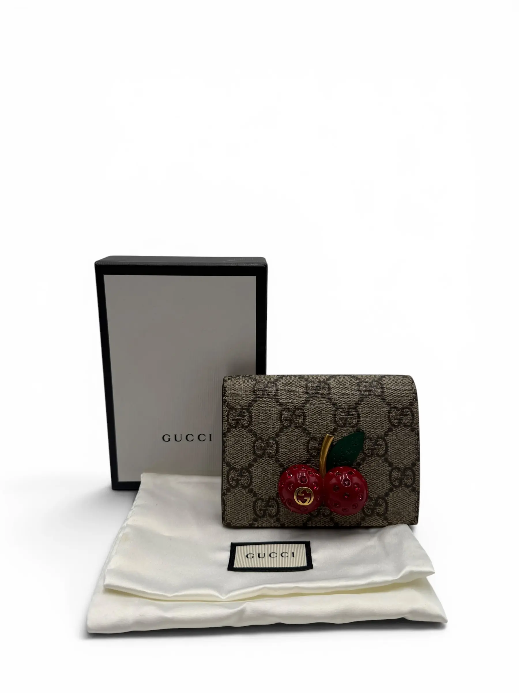 Pre-owned GUCCI CALFSKIN LEATHER Small Leather Goods GG SUPREME CHERRY FRENCH WALLET
