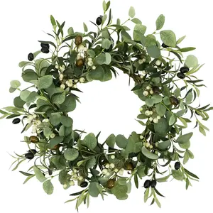 18" Summer Wreaths for Front Door Spring Eucalyptus Wreath Door Wreaths for Spring Summer Olive Leaves Olive Bean Wreath for Outside Wall Window Farmhouse Indoor Outdoor Party Holiday