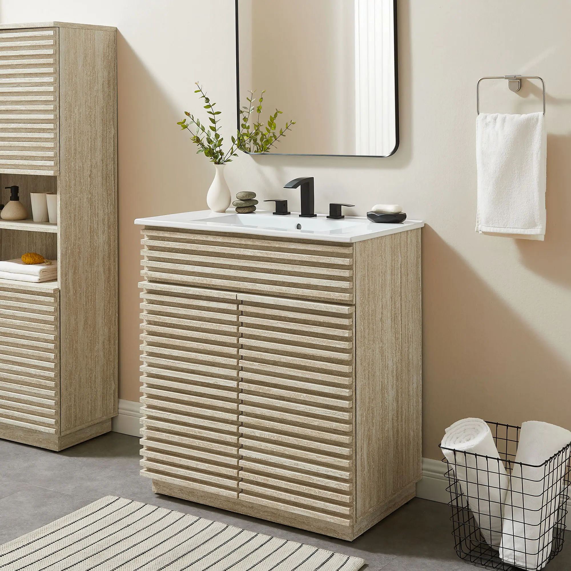 Modern Mid-Century 30-in Adjustable Particleboard Bathroom Vanity Set With Sink, White Bathroom Fixture With Storage Space for Home Improvement