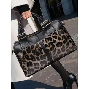 Women's Fashion Leopard Print Cowhide Handbag, Casual Versatile Zipper Shoulder Bag, Trendy All-match Commuter Bag