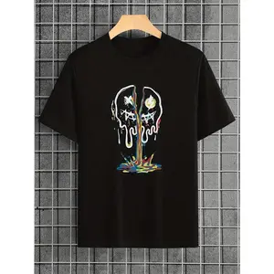 Men's Trendy Skull Print T-Shirt - Breathable Polyester Blend, Machine Washable, Casual Black Crew Neck for Summer