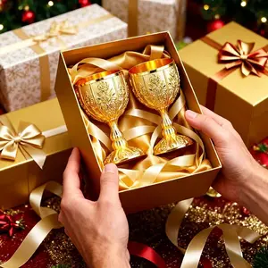 Set of 2 European Elegant Gold Metal Drinking Cups with Stable Handle – Reusable Luxury Drinking Cups for Festive Parties, Christmas, Thanksgiving – Hand Wash Only – Perfect for Wine and Champagne