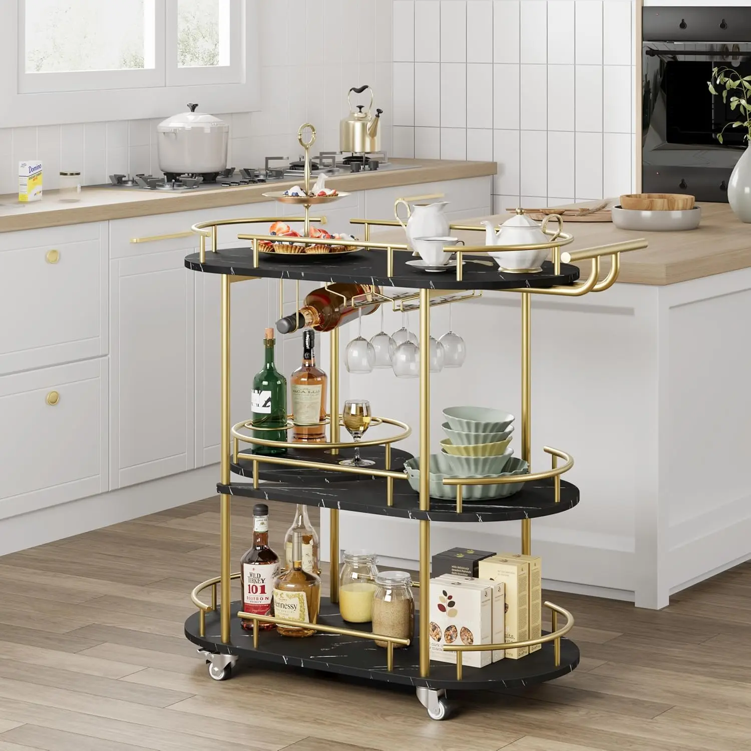 Garvee Upgraded Gold Bar Cart, 4-Tier Elegant Metal Rolling Cart, Features Wine Rack And Glass Holder, Roomy Storage Shelves, Practical Home Bar Furniture For Living Room, Kitchen, Dining