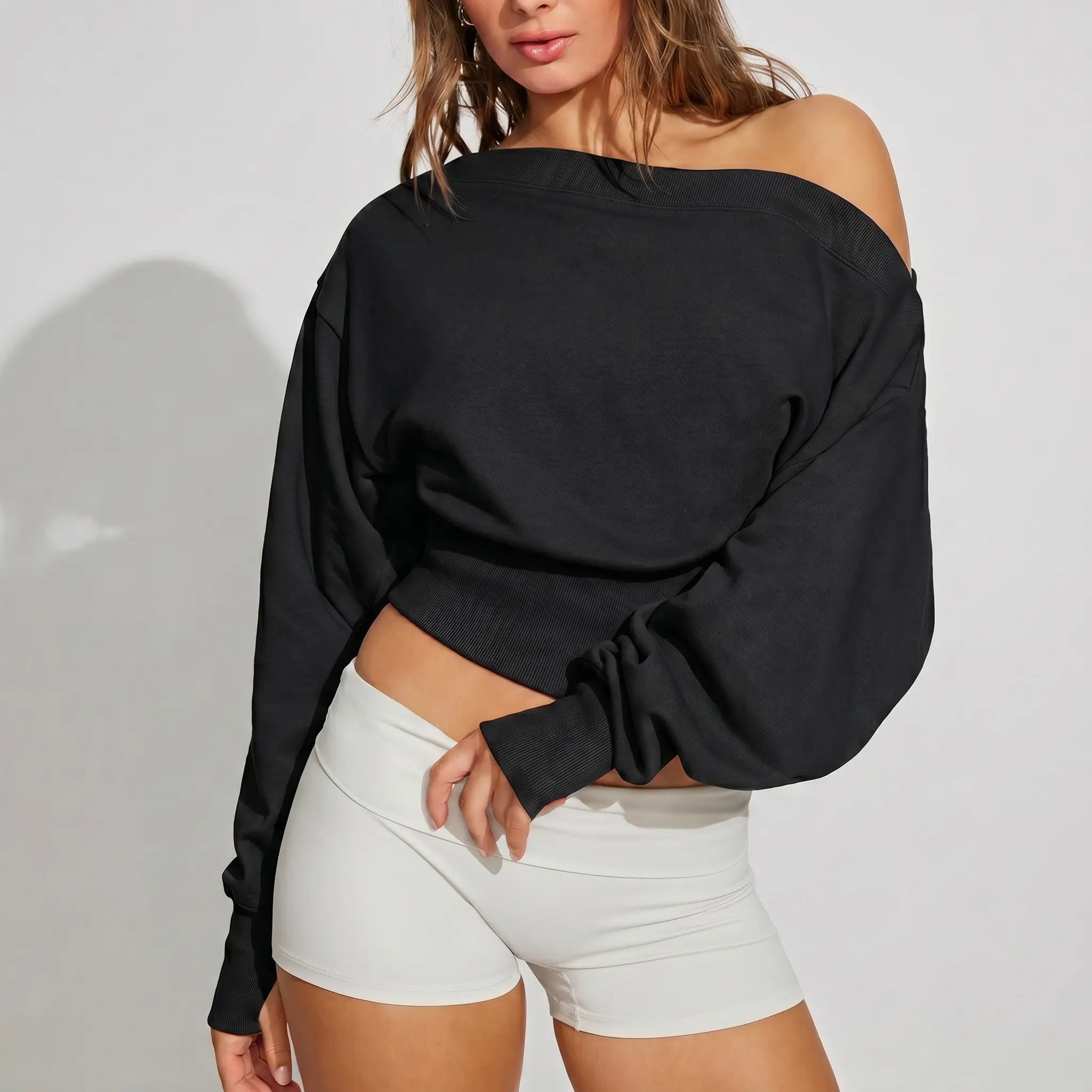 Fisoew Womens Off the Shoulder Sweatshirt Cinched Waist Crop Tops Oversized Long Sleeve Pullover Workout Shirts Fisoew Womens Off the Shoulder Sweatshirt Cinched Waist Crop Tops Oversized Long Sleeve Pullover Workout Shirts