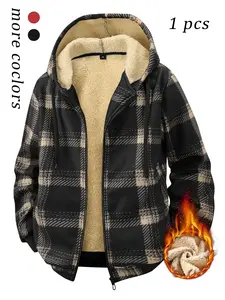 Men's Winter Thermal Lined Fleece Plaid Hooded Jacket, Vintage Style Outdoor Sports Top, Warm and Cozy, Perfect for Cold Weather, Outerwear