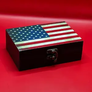 Chicago Custom Print Custom Memory Box - Rustic American Flag, Handcrafted Wooden Storage Box with Hinged Lid, Soft Felt Lining, Black Finish finer  things  box Decorative Gift Organizer Container