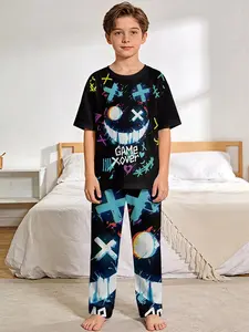 Graffiti Ghost Esports 2-piece set: Unique Print boys' digital printed short-sleeve pajamas with long sleep pants, made of flame-retardant fabric. A Fitted cut, comfortable and soft pajama set, suitable for sleeping and home leisure. 100% polyester, suita