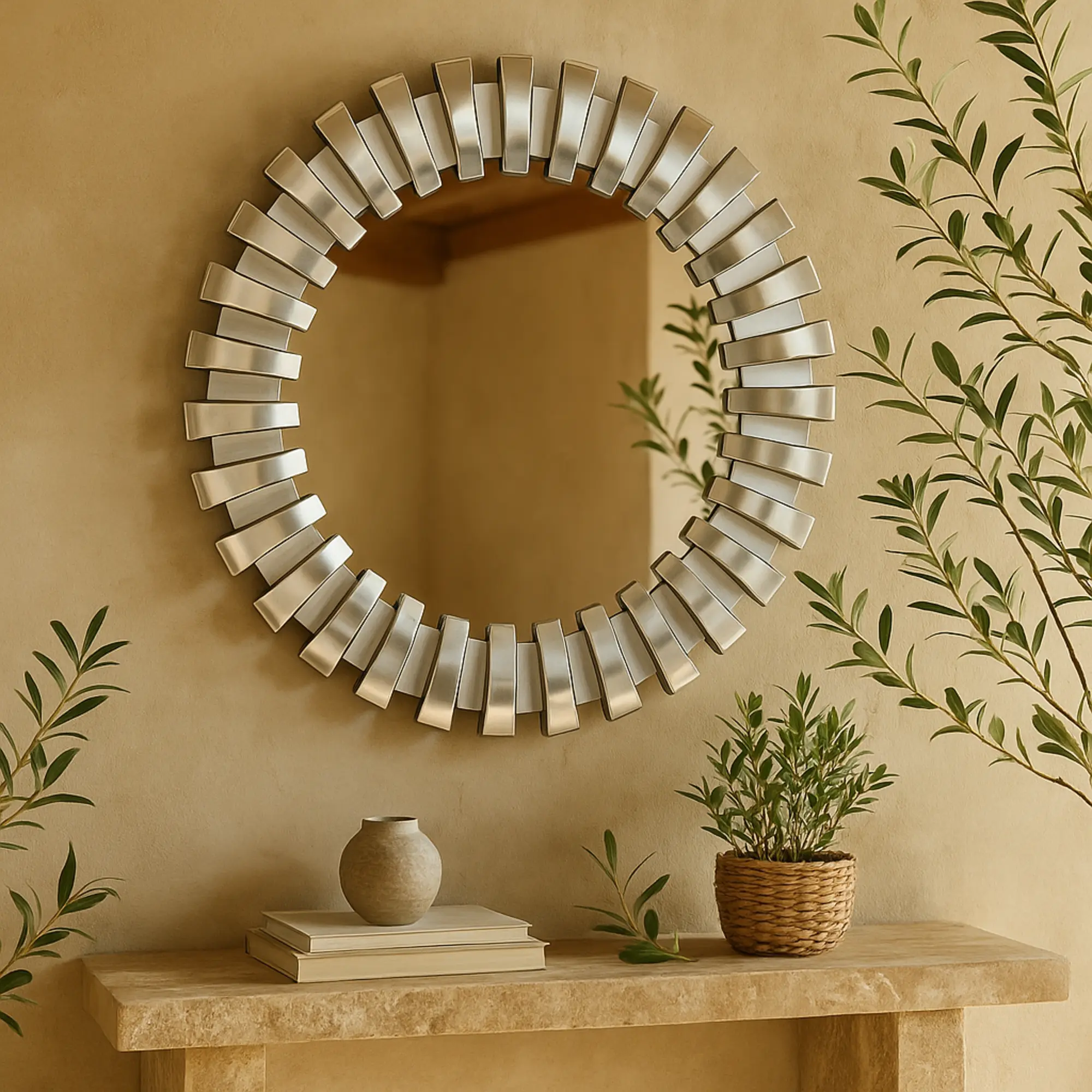 CosmoLiving by Cosmopolitan Round Starburst Glam Wall Mirror, Silver Glass Mirrored, Reflective Home Decor for Entryway