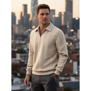 Men's Cable Knit Half-Zip Polo Sweatshirt, Long Sleeve Textured Knitted Design, Stylish Half-Zip Collar & Polo Neck, Soft & Warm Fabric for Autumn/Winter, Ideal for Urban Gentlemen & Business Casual Occasions, Versatile Daily Wear
