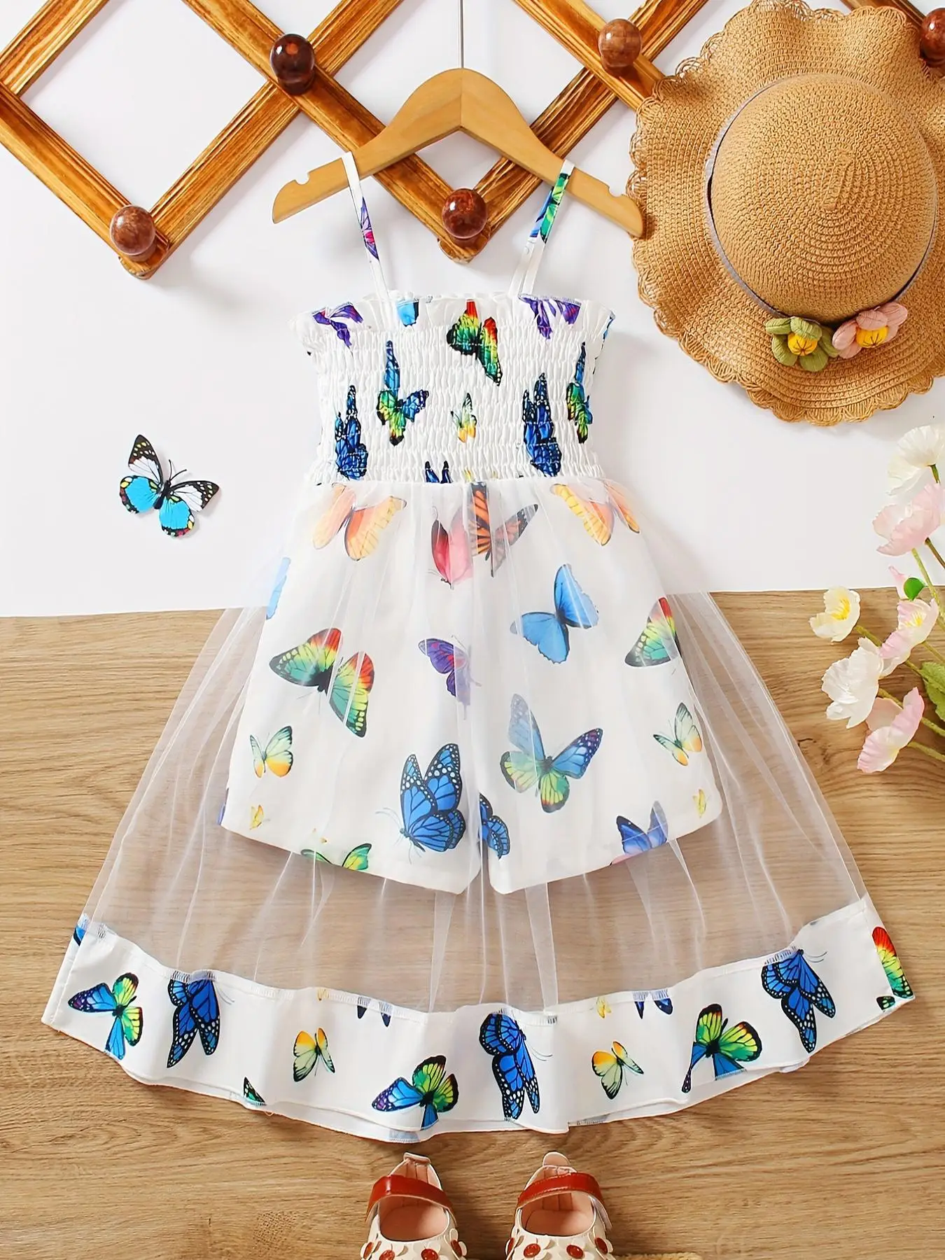 Toddler Girl's Butterfly Print Contrast Mesh Cami Dress, Casual Ruffle Shirred Spaghetti Strap Dress for Summer, Kids Clothes for Daily Wear