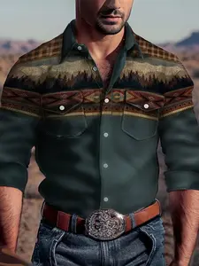 Men's Casual Fashion Dark Green Ethnic - Style Jacquard Long - Sleeve Shirt, Double Patch Pocket Design, Made of High - Quality Fabric, Artistic Jacquard Craft Creates a Mature Casual and Advanced Image for Stylish Men Menswear Suits Tops Tropical