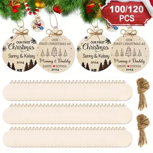 100/120pcs Unfinished Christmas Ornaments Hanging Decorations with Hemp Rope, Round Bauble Blank Baubles, DIY Wooden Christmas Decorations for Crafting Log Pendants Short Hemp Rope