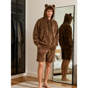 Unisex Bear Ear Hoodie Shorts Set, Plush Material with Drawstring, Casual Fitted Two-Piece, Soft Warm for Daily Wear, Home Use