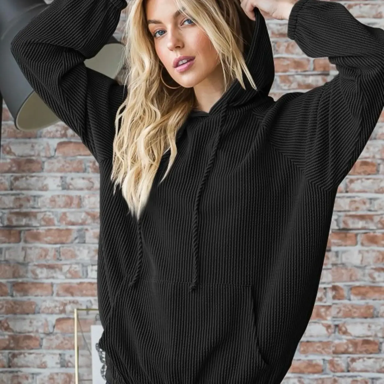 Black Ribbed Hoodie