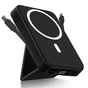 Magnetic power bank, 10000mAh wireless portable charger with USB-C data cable, LED display, foldable battery pack, 22W fast charging, compact silicone material, black.