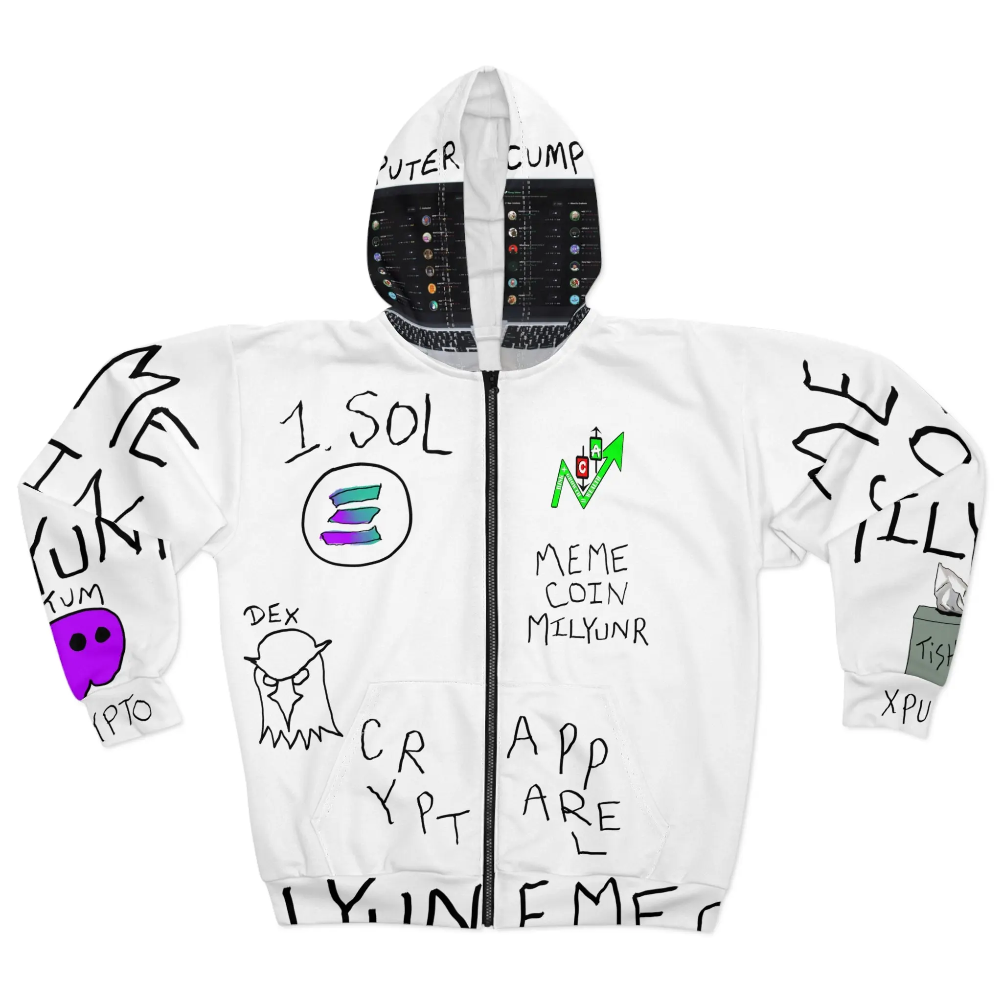 Meme Coin Millionaire Crypto Zip Hoodie — 'Crypt Apparel Meme' All-Over Print