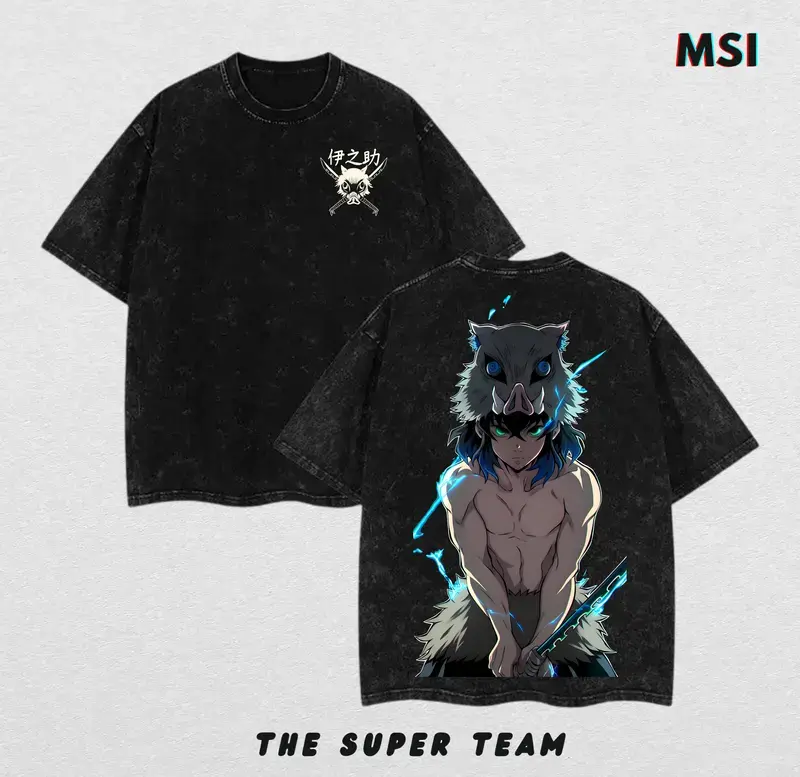Vintage Washed Inosuke T-Shirt, Oversized Anime Character Art Graphic in Heavyweight 230gsm Cotton, Demon Slayer Streetwear Apparel for Men, Anime Art Print Men's Short-Sleeve T-Shirts, Aesthetic, Shortsleeve