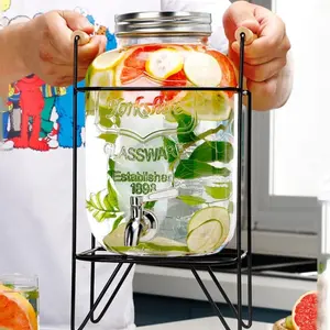 Glass Beverage Dispenser with Stand, Featuring a Leak-Proof Stainless Steel Spigot,Wide-Mouth Mason Jar Style Dispenser, Ideal for Parties, Weddings, Lemonade, Cold Water, and More.
