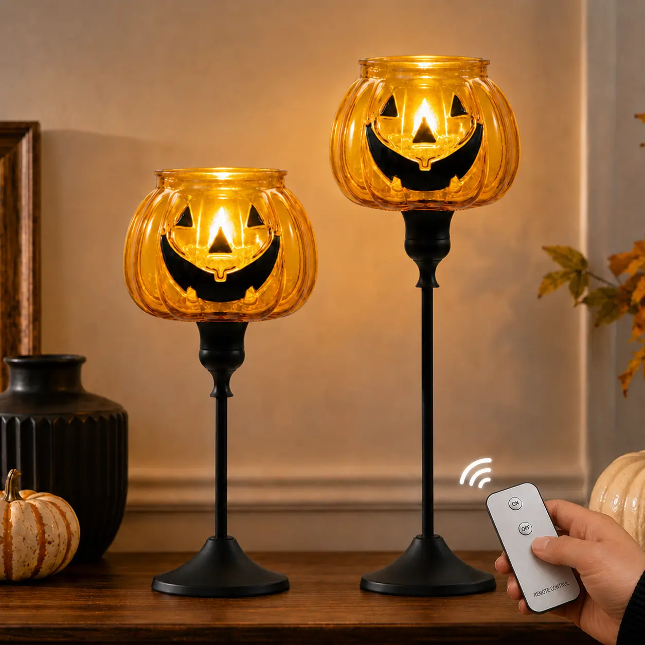 Halloween Decorations Indoor, 2 Pack Pumpkin Candle Holders with Remote Flameless Candles, Amber Jack O Lantern Candle Holders on Black Metal Stands for Halloween Table Decor, Mantel, Entryway, Party