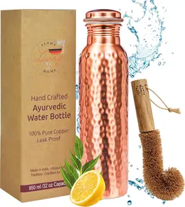 Home Copper Water Bottle 32 Oz Extra Large, Real Copper Water Bottle, Pure Drinking Bottle, Hammered Ayurvedic Bottle for Drinking Water, Leak Proof Vessel Cap with Cleaning Brush