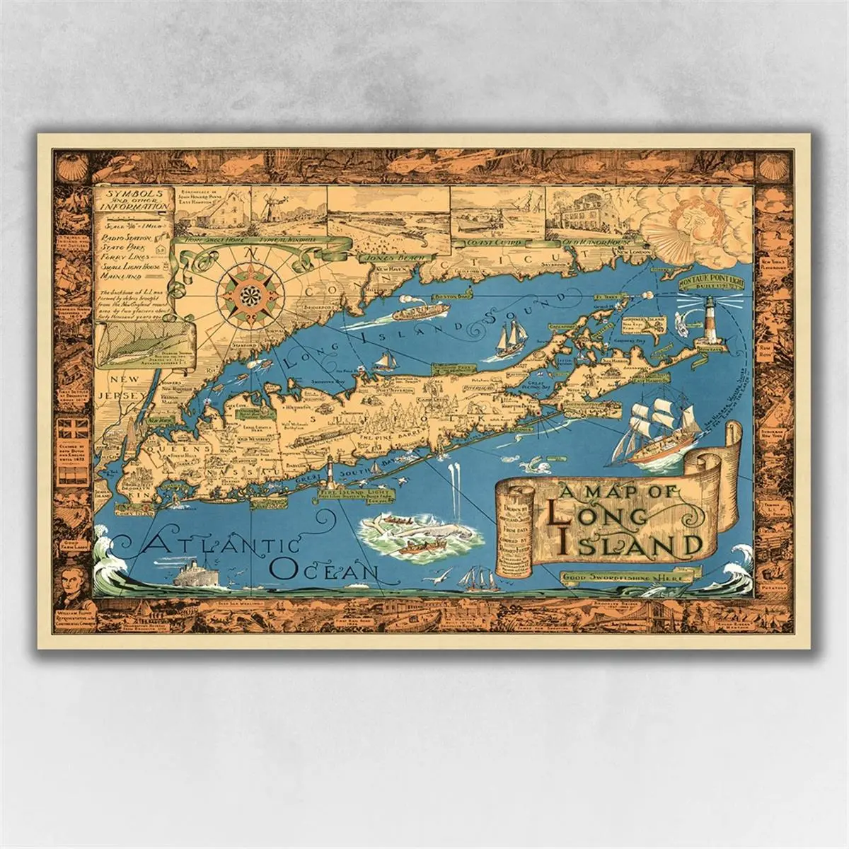 212 MAIN 1933 Long Island Artistic Vintage Map Print - 20x30 in. Heavyweight Matte Paper, Colorful Bordered Home Decor Wall Art Decoration