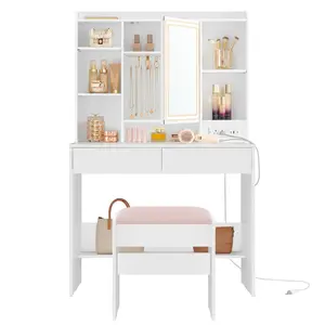 VASAGLE Vanity Desk with Power Outlets, Makeup Vanity with Mirror and Lights