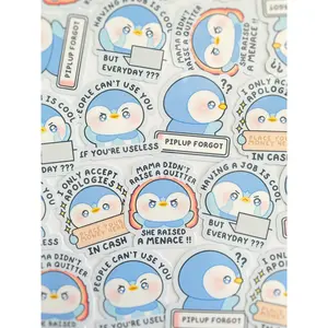 Silly Blue Penguin Waterproof Stickers Pack Cute Kawaii Relatable Job Menace Cash Forgot Useless Meme Funny Anime Game Cartoon Waterbottle Protector